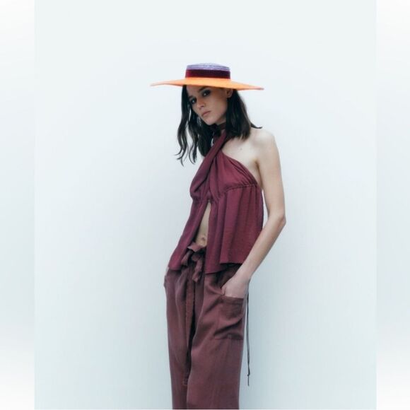 🆕️👒Zara Orange & Purple Raffia Picture Hat With Velvet Band